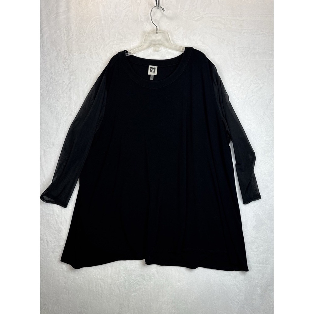 Anne Klein 2X Black Evening Poly Stretch 3/4 Mesh Sleeve Plus Top Shirt Womens